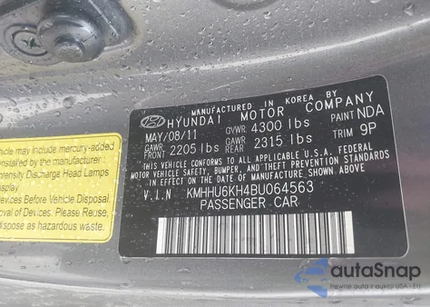 2011 Hyundai Genesis 3.8 Grand Touring from USA, damaged, VIN KMHHU6KH4BU064563